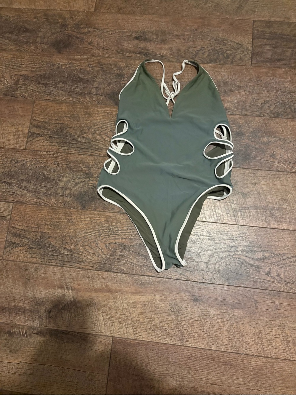 Aerie Olive Green & White Cutout One-Piece Swimsuit - Size Large